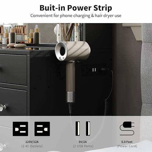 11 Dawers Vanity Desk, Makeup Vanity with Power Outlet, Glass Top Vanity with Mirror and Lights, 3 Colors Adjustable, Vanity Set with 4 Shelves and Fold-up Panel, Vanity with Chair for Bedroom, Black thumbnail 7
