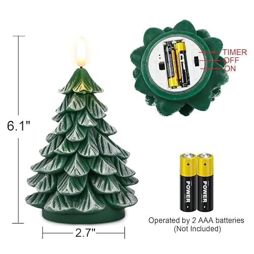 KunSwenn Christmas Tree Candles, 2 Pack Real Wax Christmas Tree Shaped Flameless Candles Battery Operated with 6H Timer, Green LED Flameless Candlesticks Imitate Snow Design for Christmas Winter Decor thumbnail 7