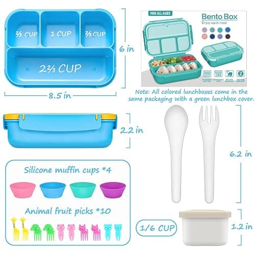 QQKO Bento Lunch Box for Kids Girls Boys, Toddler Kids Lunch Boxes for School, Lunch Containers for Adults with 4 Compartments, Sauce Container, Utensils, Food Picks and Muffin Cups, Blue thumbnail 2