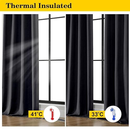 WelvetBLK Black Blackout Curtains for Bedroom Living Room 63 Inch Length 2 Panels Set, Soft Solid Room Darkening Thermal Insulated Window Treatments, Rod Pocket Dining Room Curtains, Black, 40"Wx63"L thumbnail 5