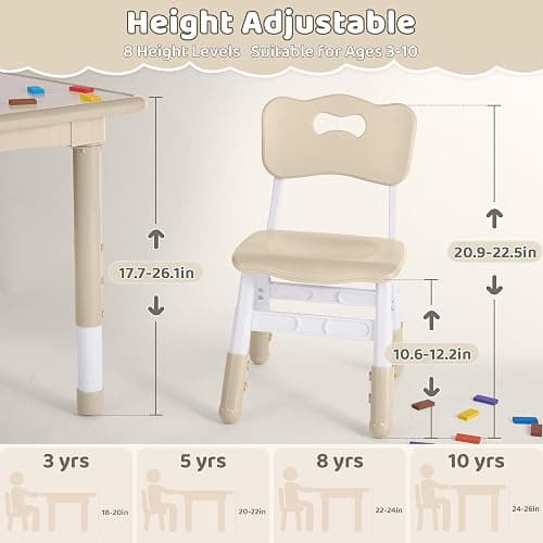 DOREROOM Kids Table & 4 Chairs, Height Adjustable (17.7"-26.1"), Natural | Graffiti Desktop,Table Supports 330 lbs,Toddler Ages 3-8，Children Multi-Activity Table Set for Playroom, Daycare, Classroom thumbnail 2