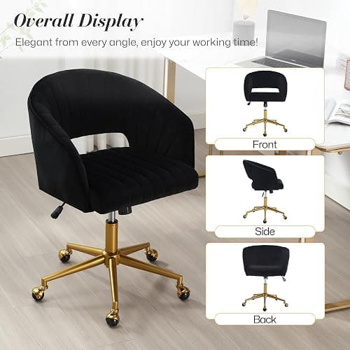 HENGJIANYI Home Office Swivel Desk Chair, Modern Velvet Vanity Chair, Height Adjustable Armchair with Gold Base, Ergonomic Office Chair for Task Study Computer Room, Black thumbnail 8
