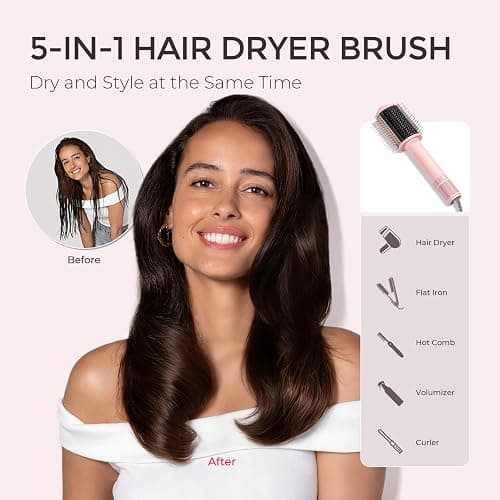 TYMO 4.0 Hair Blow Dryer Brush, Lightweight Ionic Blowout Hair Dryer Brush | 3X Faster Drying 5-in-1 Blowout Brush Adds Shine, Volume & Fullness for Anti-Frizz Straight, Curl & Blowout Style, Pink thumbnail 6