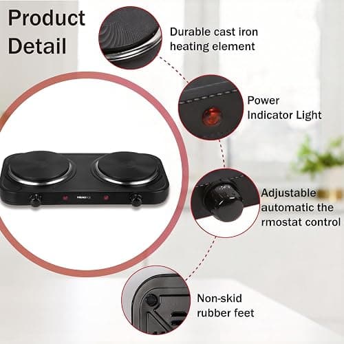 MIOAOTCE Countertop Double Cast Iron Burner 1800 Watts Electric Hot Plate with Adjustable Temperature 6.1" Cooktop for Dorm, Office, Home, Camp, Compatible for All Cookwares thumbnail 4