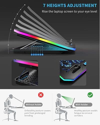 KeiBn Upgarde Laptop Cooling Pad, RGB Lights Laptop Cooler 6 Fans for 15.6-17.3 Inch Laptops, 7 Height Stands, 10 Modes Light, 2 USB Ports, Desk or Lap Use (A8,Blue) thumbnail 4