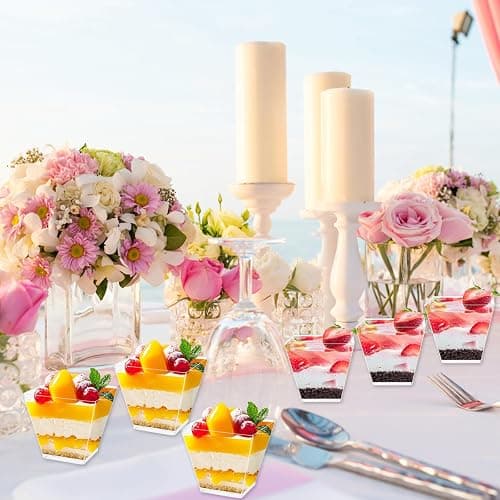100 Pack 3.5 oz Plastic Dessert Cups with Spoons,Clear Square Mini Dessert Cups,Small Tumbler Appetizer Cups Parfait Cups for Desserts,Mousse,Puddings,Party Supplies thumbnail 2