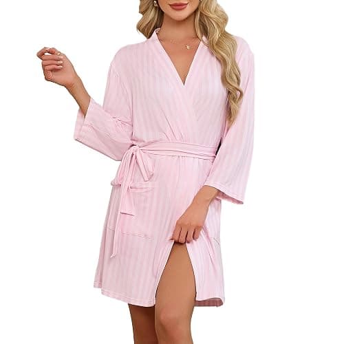 LYCY Robes for Women Striped Short Bathrobe, Soft Lightweight Kimono Robe with Pockets - Image 1