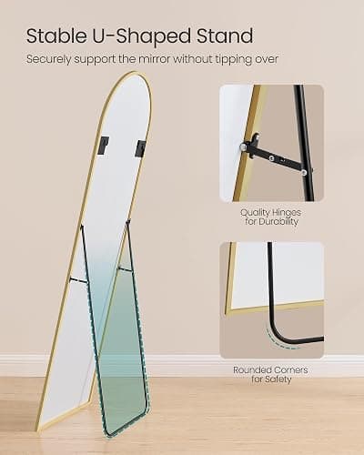 SONGMICS Full Length Mirror, 160 x 50 cm, Arched Full Body Mirror with Stand, Aluminium Alloy Frame, Tempered Glass, for Bedroom, Living Room, Cloakroom, Pale Gold LFM031A01 thumbnail 5