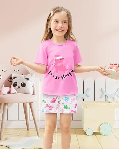 Nidoul Girls Pajamas Short Sleeve Toddler Summer Pjs Girls' Sleepwear 2 Pieces Lounge Sets Kids Clothes 3T-14Y - Pink Dino - 3-4T thumbnail 3