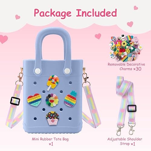 Mini Rubber Tote Bag, with 30Pcs Charms & 1Pcs Adjustable Shoulder Strap | X-Small EVA Beach Tote, Size: 8.07 × 6.7 × 3.15in, Long-Lasting and Not Easy to Fade, Fit for Little Girls and Women thumbnail 6