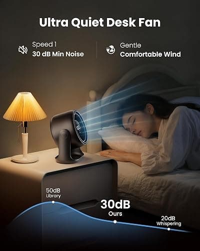 Gaiatop Desk Fan with Touch Control, 4000mAh Battery, 5 Speeds Ultra Quiet Bedroom Fan with LED Display, 90° Tilt, 7.7 Inch USB-C Rechargeable Desktop Fan for Dorm Office Room Home Office, Black thumbnail 6