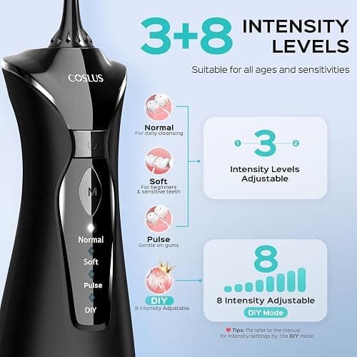 COSLUS Water Dental Flosser Pick for Teeth: 4 Modes Cordless Portable 300ML Larger Tank Water Teeth Cleaner IPX7 Waterproof Flossing Cleaning Picks for Home Travel Black C30(FC5360) thumbnail 4