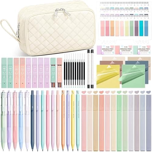 62PCS Aesthetic School Supplies with Cute Pencil Case, Pastel Highlighters Black Ink Gel Pens Mechanical Pencils Kit, Back to School Supplies College Essentials Preppy Stationary Set for Student Girls - Image 1