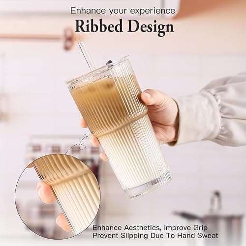 SIPBYSOP 4PCS Ribbed Glass Cups with Lids and Straws, 20oz Vintage Drinking Glasses, Aesthetic Iced Coffee Cups, Glass Tumbler for Boba, Beer, Tea, Cocktails, Ribbed Glassware Set,Clear thumbnail 4