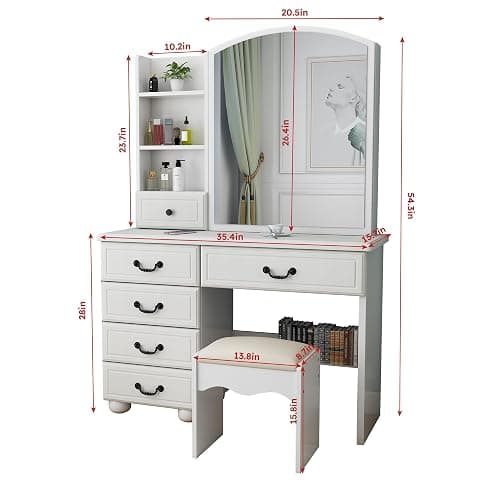 Runboll Makeup Vanity Desk with Mirror and Lights, Dressing Table Set with Stool, Makeup Table with 6 Drawers and Shelves Storage, 3 Lighting Modes, Brightness Adjustable thumbnail 2