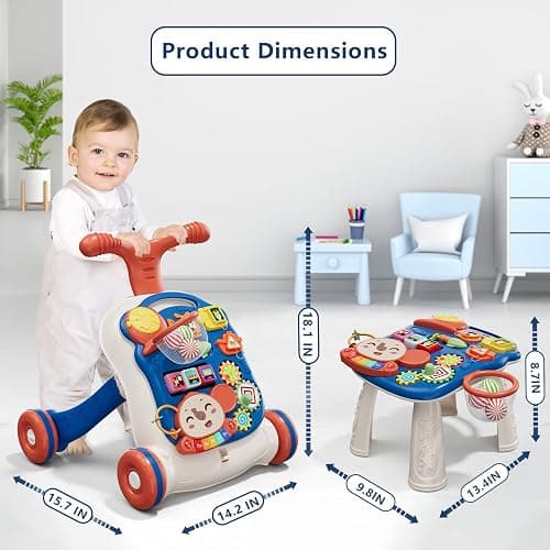 QDRAGON 3 in 1 Baby Walkers for Boys, Baby Push Walker and Activity Center, Sit to Stand Walker Toy, Early Learning Push Toys for Toddler Infant 12+ Months Blue thumbnail 2