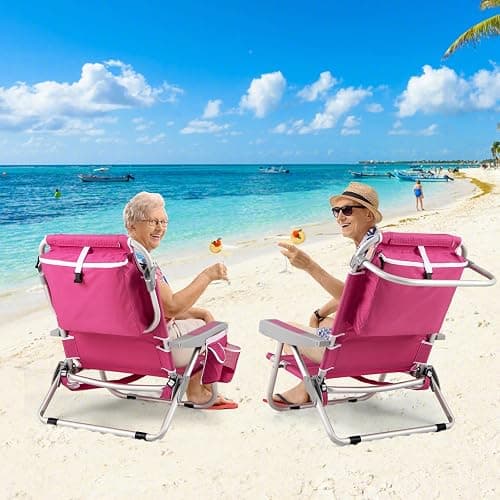 Giantex Beach Chair, Foldable Backpack Chair with 5 Adjustable Position, Cup Holder, Storage Pockets, Straps, Towel Rack, Pillow, 330lbs Aluminum Lay Flat Chairs for Outdoor Camping, Pink thumbnail 2