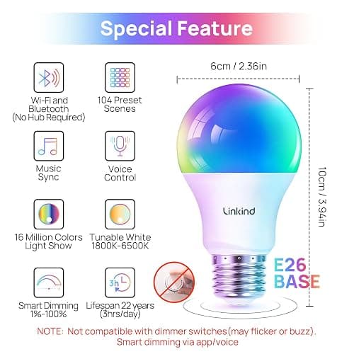 Linkind Smart Light Bulbs, Smart Bulb That Work with Alexa & Google Home, LED Light Bulbs Color Changing, 104 Preset Scene, Music Sync, A19 E26 2.4GHz RGBTW WiFi Bluetooth Light Bulb 60W, 800LM, 4Pack thumbnail 2