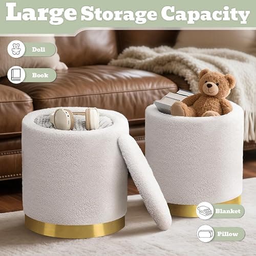 Joveco Boucle Round Ottoman with Storage,Vanity Stool with Storage for Bedroom, Ottoman Coffee Table,Small Boucle Foot Stool for Living Room, White with Gold Plating Base thumbnail 4