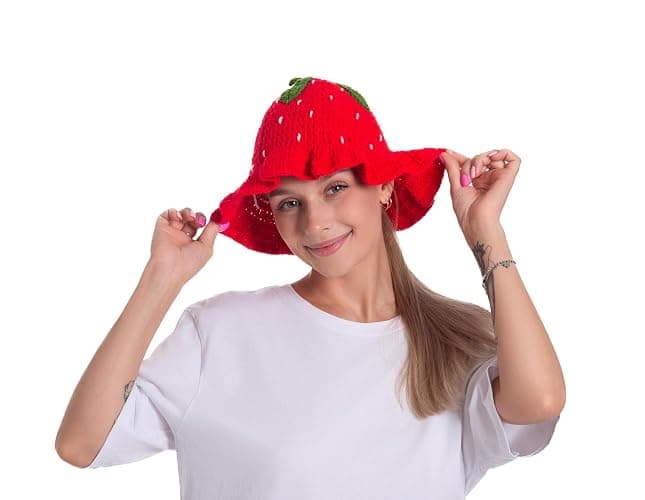 ComfyCamper Knitted Strawberry Hat - Womens Adult Mens Women Crochet Fruit Summer Cosplay Halloween Costumes thumbnail 3