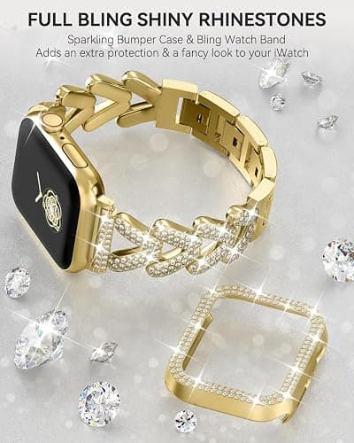 Rhinestones Encrusted Metal Bracelet and Case, Compatible with Apple Watch Bands 38mm-49mm (Series 10/1/SE/Ultra 2)- Bling Gold Women's Jewelry Strap, Luxury iWatch Bracelet with Screen Protector thumbnail 3