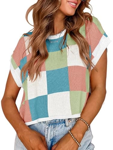 Saodimallsu Womens Cap Sleeve Crop Tops Summer Color Block Going Out Crew Neck Knit Trendy Casual Sweater - Image 1