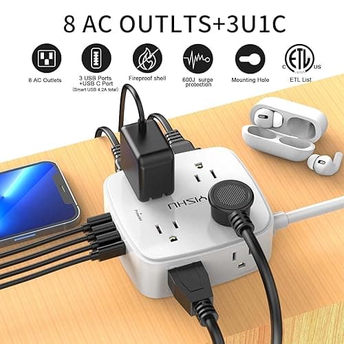 6 Ft Surge Protector Power Strip - 8 Widely Outlets with 4 USB Ports, 3 Side Outlet Extender with 6 Feet Extension Cord, Flat Plug, Wall Mount, Desk USB Charging Station, ETL,White thumbnail 3