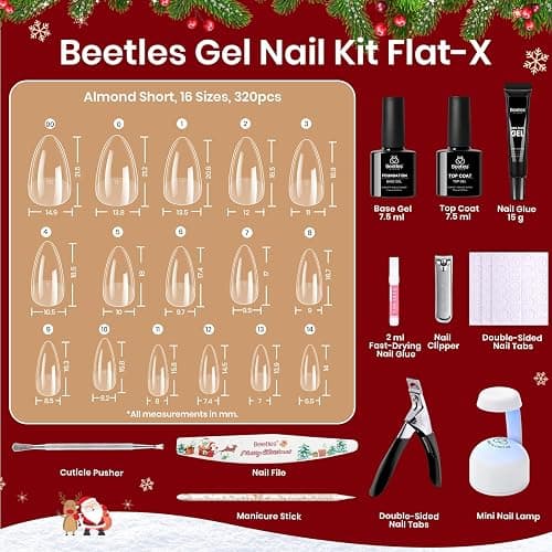 Beetles Gel Nail Kit Flat-X, Almond Short, 320pcs 16 Sizes, with 15g Hands-free Solid Nail Glue Gel, Mini Lamp, Christmas Limited Set, Pre-Etched Half Matte Nail Extension Set for Home DIY thumbnail 7