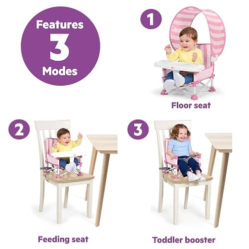 Bright Starts Pop 'N Sit Cabana Baby Beach Portable Booster Chair with UPF Canopy, Floor Seat for Indoor/Outdoor Use, Compact Fold, Pink, 6 Months–3 Years thumbnail 4