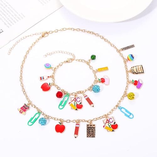 YAHPERN Teacher Necklace Earrings Bracelet for Women, Teacher Accessories, Cute Apple Pencil Book Charms Bracelet Choker Necklace Apple Earrings Teacher Appreciation Gifts Back To School Jewelry thumbnail 5