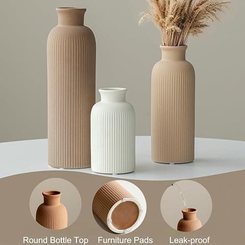 Modern Ceramic Vase Set, Earth Tone Natural Color Ribbed Matte Design, 3-Piece Decorative Vases for Home, Living Room, Office (Coffee Mix) thumbnail 4