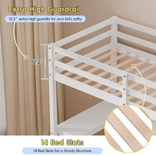 Xilingol Twin Loft Bed with Stairs and Desk, Solid Wooden Loft Bed, Heavy Duty Loft Bed with L-Shape Desk, LED Light Strips, Charging Station, Storage Cabinets, Extra-High Guardrails for Kids, Teens thumbnail 7