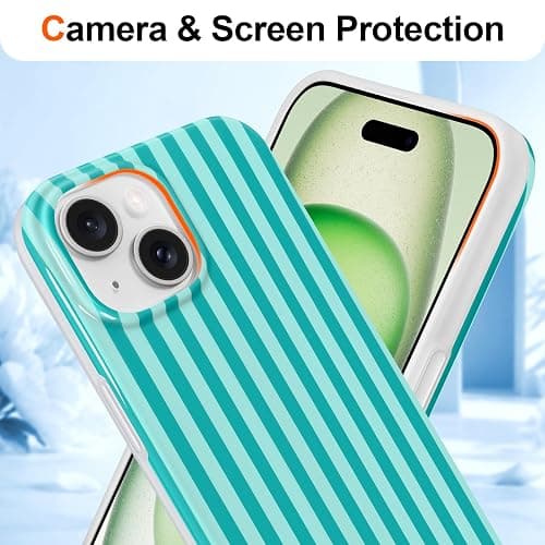Hython for iPhone 14 Case & iPhone 13 Case Cute Striped Aesthetic Design Simple Stripes Cover 6.1", Thin Slim Soft TPU Bumper Shockproof Rubber Protective Phone Cases Women Girls, Lake Blue and Mint thumbnail 3