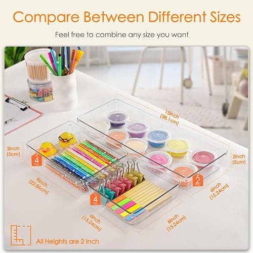 Criusia Drawer Organizer, 10 Pack Large Clear Plastic Set, 3 Size Versatile Bathroom and Vanity Organizer Trays, Storage Bins for Makeup, Bedroom, Kitchen Utensils thumbnail 2