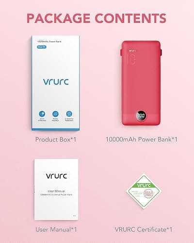 Portable Charger Built-in Cables and AC Wall Plug, VRURC USB C Power Bank 10000mAh, Travel Battery Portable Phone Charger Compact Lightweight External Battery Pack for SmartPhones,Tablets-Viva Magenta thumbnail 8