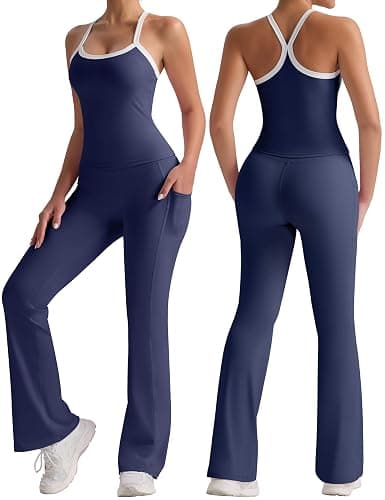 VVX Women 2 Piece Workout Sets High Waisted Flare Leggings with Pockets Matching Cross Back Tank Top with Contrast Trim - Image 1