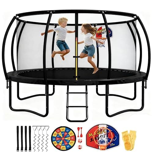 Trampoline 10FT 12FT 14FT with Enclosure and Ladder, ASTM Approved Recreational Trampolines for Kid and Adult, Outdoor Trampolines with Socks, Dart Board, Basketball Hoop for Trampoline Black - Image 1