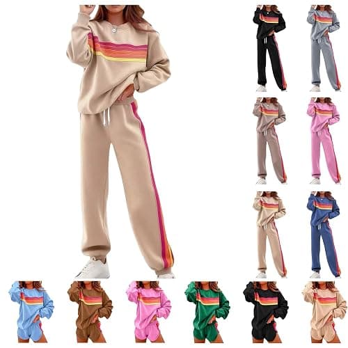 2 Piece Lounge Set for Women Rainbow Striped Sweatshirts Loose Fit Pants Color Blocked Suits Sweatsuits Tracksuit thumbnail 4