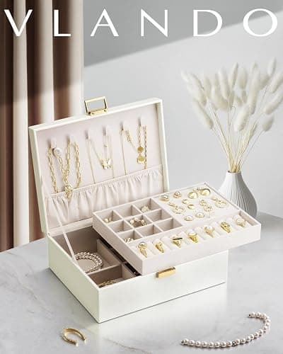 Vlando 2 Layer Jewelry Box Large Jewelry Organizer for Women Removable Jewelery Tray for Necklace Earrings Rings Bracelets Jewelry Boxes for Women Gift (White) thumbnail 7