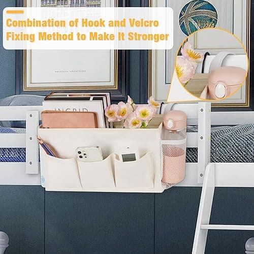 Lilithye Bedside Caddy Bedside Organizer Bedside Storage Caddy with Fixed Straps and Water Bottle Holder for Home College Dorm Bunk Bed Hospital Bed Crib Bed Rails (White) - White thumbnail 3