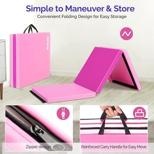 Matladin 6' Folding Tri-fold Gymnastics Gym Exercise Aerobics Mat, 6ft x 2ft x 2in PU Leather Tumbling Mats with Hook & Loop Fastener for Stretching Yoga Cheerleading Martial Arts thumbnail 3