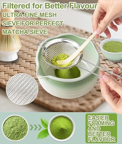 JBER Matcha Set, Matcha Whisk Set 7 Pcs - Bamboo Matcha Whisk, Ceramic Bowl with Spout & Whisk Holder, Sifter, Bamboo Scoop & Holder - Complete Matcha Kit Gift for Matcha Lovers, Gradient Light Green thumbnail 3