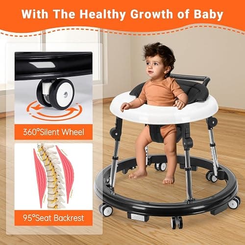 Baby Walker Foldable with 9 Adjustable Heights, Baby Walker with Wheels Portable, Infant Toddler Walker for Baby Boy Girls 6-18 Months (Black) thumbnail 7