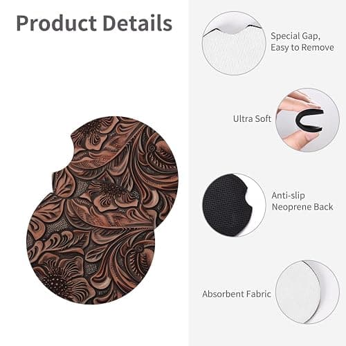 Rustic Western Country Cowboy Tooled Leather Pattern 2-Pack Car Cup Coasters, Universal Neoprene Rubber Drink Holder Inserts for Truck, SUV, Van thumbnail 4