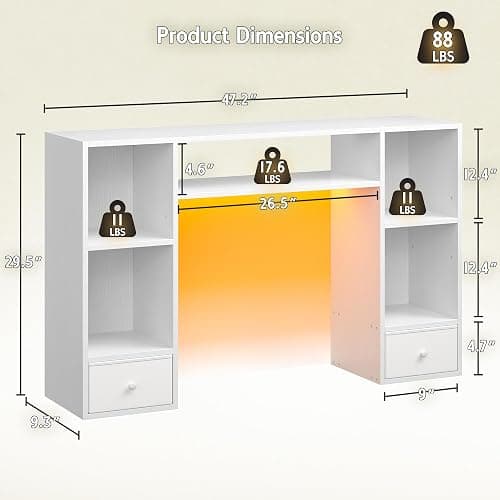 REIBII Desktop Bookshelf with LED Lights,47.2" Desktop Organizer with 6 Shelves and 2 Drawers for Top of Desk,Multipurpose Desk Hutch Dorm with Adjustable Shelves for Home and Office,White thumbnail 2