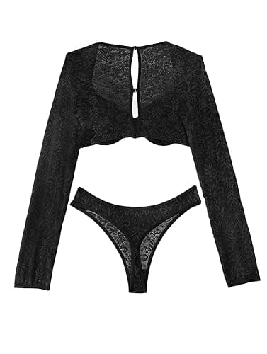 Lilosy Sexy Long Sleeve Floral Lace Underwire Lingerie Set thumbnail 5