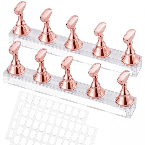Difenni Nail Stand for Press Ons, Acrylic Magnetic Nail Tips Practice Holder,100 Pcs Reusable Double-Sided Tape Dot for Home DIY Salon Painting Nails Stand kit (Rose Gold) - Image 1