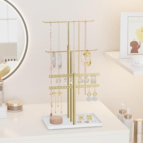 susswiff Jewelry Holder Organizer Stand - Adjustable Jewelry Tree 17.5" Height (Max), Jewlery Hanger for Necklaces, Bracelets, Earrings, Aesthetic for Storage and Display, Metal, Gold and White thumbnail 6