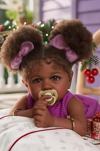 JIZHI Reborn Baby Dolls Black - 22 Inch Lifelike Soft Body Realistic-Newborn Baby Dolls Taupe Eyes Caramel Skin Tone Pink Striped Skirt Real Life and Toy Accessories Gift for Kids Age 3 - Image 1