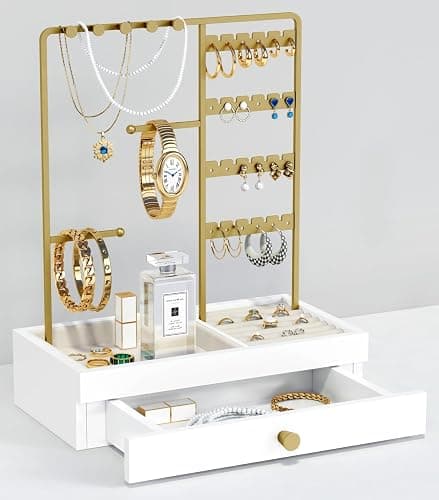 Goozii Gold Jewelry Stand Organizer Necklace Holder, Birthday Gifts for Women Girls, Small Jewelry Stand for Earrings Rings Bracelets, Velvet Jewelry Hanger Tree, Mothers Day Gifts - White and Gold - Image 1